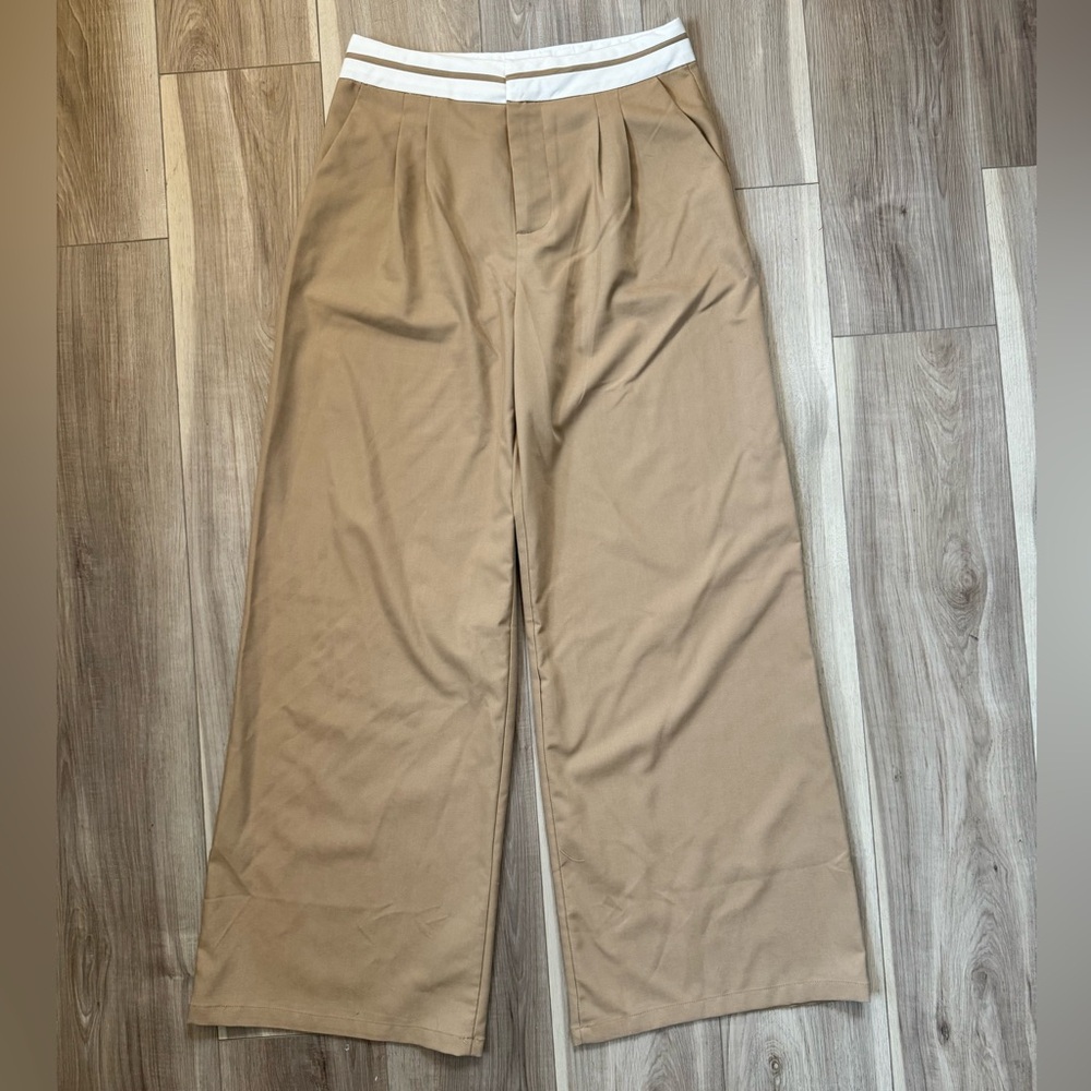 Tan Wide-Leg Trousers with White Waistband